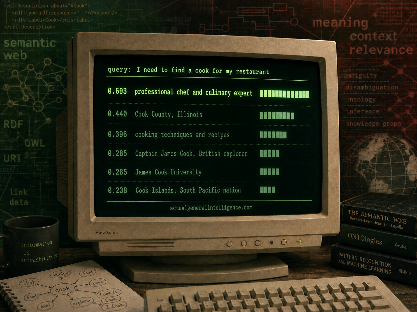 CRT monitor showing restaurant cook query ranked by Arbiter